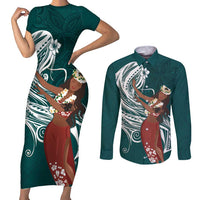 Tahiti Islands Polynesian Plumeria Couples Matching Short Sleeve Bodycon Dress and Long Sleeve Button Shirt Tahitian Vahine 'Ote'a - Teal LT7 Teal - Polynesian Pride