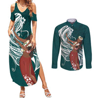 Tahiti Islands Polynesian Plumeria Couples Matching Summer Maxi Dress and Long Sleeve Button Shirt Tahitian Vahine 'Ote'a - Teal LT7 Teal - Polynesian Pride