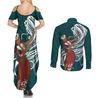Tahiti Islands Polynesian Plumeria Couples Matching Summer Maxi Dress and Long Sleeve Button Shirt Tahitian Vahine 'Ote'a - Teal LT7 - Polynesian Pride