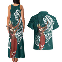 Tahiti Islands Polynesian Plumeria Couples Matching Tank Maxi Dress and Hawaiian Shirt Tahitian Vahine 'Ote'a - Teal LT7 - Polynesian Pride