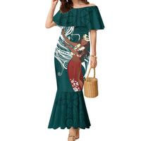 Tahiti Islands Polynesian Plumeria Family Matching Mermaid Dress and Hawaiian Shirt Tahitian Vahine 'Ote'a - Teal LT7 Mom's Dress Teal - Polynesian Pride