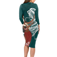 Tahiti Islands Polynesian Plumeria Long Sleeve Bodycon Dress Tahitian Vahine 'Ote'a - Teal LT7 - Polynesian Pride