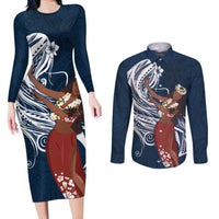 Tahiti Islands Polynesian Plumeria Couples Matching Long Sleeve Bodycon Dress and Long Sleeve Button Shirt Tahitian Vahine 'Ote'a - Navy Blue LT7 Blue - Polynesian Pride