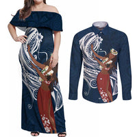 Tahiti Islands Polynesian Plumeria Couples Matching Off Shoulder Maxi Dress and Long Sleeve Button Shirt Tahitian Vahine 'Ote'a - Navy Blue LT7 Blue - Polynesian Pride