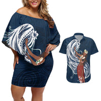 Tahiti Islands Polynesian Plumeria Couples Matching Off Shoulder Short Dress and Hawaiian Shirt Tahitian Vahine 'Ote'a - Navy Blue LT7 Blue - Polynesian Pride
