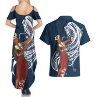 Tahiti Islands Polynesian Plumeria Couples Matching Summer Maxi Dress and Hawaiian Shirt Tahitian Vahine 'Ote'a - Navy Blue LT7 - Polynesian Pride