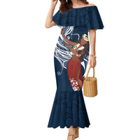 Tahiti Islands Polynesian Plumeria Family Matching Mermaid Dress and Hawaiian Shirt Tahitian Vahine 'Ote'a - Navy Blue LT7 Mom's Dress Blue - Polynesian Pride
