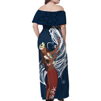 Tahiti Islands Polynesian Plumeria Family Matching Off Shoulder Maxi Dress and Hawaiian Shirt Tahitian Vahine 'Ote'a - Navy Blue LT7 - Polynesian Pride