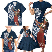 Tahiti Islands Polynesian Plumeria Family Matching Short Sleeve Bodycon Dress and Hawaiian Shirt Tahitian Vahine 'Ote'a - Navy Blue LT7 - Polynesian Pride