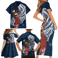 Tahiti Islands Polynesian Plumeria Family Matching Short Sleeve Bodycon Dress and Hawaiian Shirt Tahitian Vahine 'Ote'a - Navy Blue LT7 - Polynesian Pride