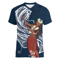 Tahiti Islands Polynesian Plumeria Women V-Neck T-Shirt Tahitian Vahine 'Ote'a - Navy Blue LT7 Female Blue - Polynesian Pride