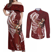 Tahiti Islands Polynesian Plumeria Couples Matching Off Shoulder Maxi Dress and Long Sleeve Button Shirt Tahitian Vahine 'Ote'a - Scarlet LT7 Red - Polynesian Pride