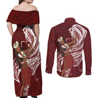 Tahiti Islands Polynesian Plumeria Couples Matching Off Shoulder Maxi Dress and Long Sleeve Button Shirt Tahitian Vahine 'Ote'a - Scarlet LT7 - Polynesian Pride