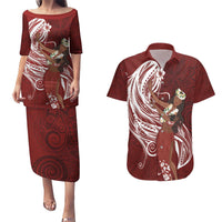 Tahiti Islands Polynesian Plumeria Couples Matching Puletasi and Hawaiian Shirt Tahitian Vahine 'Ote'a - Scarlet LT7 Red - Polynesian Pride