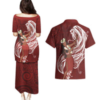 Tahiti Islands Polynesian Plumeria Couples Matching Puletasi and Hawaiian Shirt Tahitian Vahine 'Ote'a - Scarlet LT7 - Polynesian Pride