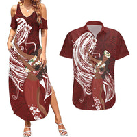 Tahiti Islands Polynesian Plumeria Couples Matching Summer Maxi Dress and Hawaiian Shirt Tahitian Vahine 'Ote'a - Scarlet LT7 Red - Polynesian Pride