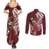 Tahiti Islands Polynesian Plumeria Couples Matching Summer Maxi Dress and Long Sleeve Button Shirt Tahitian Vahine 'Ote'a - Scarlet LT7 - Polynesian Pride