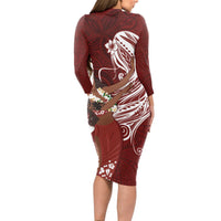 Tahiti Islands Polynesian Plumeria Long Sleeve Bodycon Dress Tahitian Vahine 'Ote'a - Scarlet LT7 - Polynesian Pride