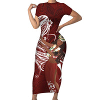 Tahiti Islands Polynesian Plumeria Short Sleeve Bodycon Dress Tahitian Vahine 'Ote'a - Scarlet LT7 Long Dress Red - Polynesian Pride