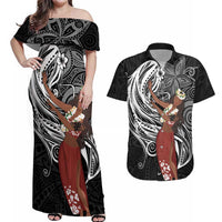 Tahiti Islands Polynesian Plumeria Couples Matching Off Shoulder Maxi Dress and Hawaiian Shirt Tahitian Vahine 'Ote'a - Black LT7 Black - Polynesian Pride