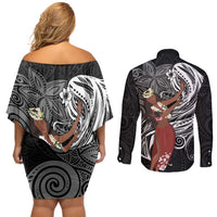 Tahiti Islands Polynesian Plumeria Couples Matching Off Shoulder Short Dress and Long Sleeve Button Shirt Tahitian Vahine 'Ote'a - Black LT7 - Polynesian Pride