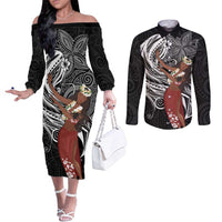 Tahiti Islands Polynesian Plumeria Couples Matching Off The Shoulder Long Sleeve Dress and Long Sleeve Button Shirt Tahitian Vahine 'Ote'a - Black LT7 Black - Polynesian Pride