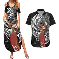 Tahiti Islands Polynesian Plumeria Couples Matching Summer Maxi Dress and Hawaiian Shirt Tahitian Vahine 'Ote'a - Black LT7 Black - Polynesian Pride