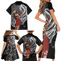 Tahiti Islands Polynesian Plumeria Family Matching Short Sleeve Bodycon Dress and Hawaiian Shirt Tahitian Vahine 'Ote'a - Black LT7 - Polynesian Pride