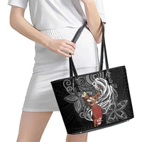 Tahiti Islands Polynesian Plumeria Leather Tote Bag Tahitian Vahine 'Ote'a - Black