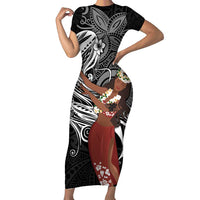 Tahiti Islands Polynesian Plumeria Short Sleeve Bodycon Dress Tahitian Vahine 'Ote'a - Black LT7 Long Dress Black - Polynesian Pride