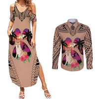 Polynesian Couples Matching Summer Maxi Dress and Long Sleeve Button Shirts Dog Lover With Shiba Inu - Sunset At The Beach Brown Ver LT7 Brown - Polynesian Pride