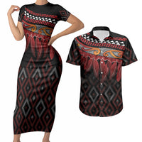 Aotearoa Maori Ngapuhi Iwi Couples Matching Short Sleeve Bodycon Dress and Hawaiian Shirt Korowai Tukutuku Kaokao Motifs
