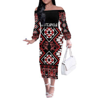 Personalised Aotearoa Waitangi Off The Shoulder Long Sleeve Dress Taniko Motifs - Mania Gecko LT7 Women Red - Polynesian Pride