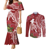 Personalised Hawaii Wahine Couples Matching Mermaid Dress and Long Sleeve Button Shirt Women's Day Ohia Lehua LT7 Red - Polynesian Pride
