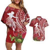 Personalised Hawaii Wahine Couples Matching Off Shoulder Short Dress and Hawaiian Shirt Women's Day Ohia Lehua LT7 Red - Polynesian Pride