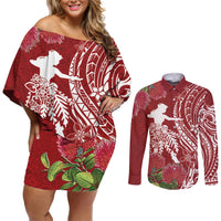Personalised Hawaii Wahine Couples Matching Off Shoulder Short Dress and Long Sleeve Button Shirt Women's Day Ohia Lehua LT7 Red - Polynesian Pride