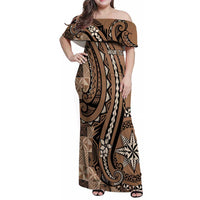 Personalized Tonga Ngatu Family Matching Off Shoulder Maxi Dress and Hawaiian Shirt Vintage Brown Manulua Motifs