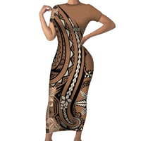 Personalized Tonga Ngatu Family Matching Short Sleeve Bodycon Dress and Hawaiian Shirt Vintage Brown Manulua Motifs LT7 Mom's Dress Brown - Polynesian Pride