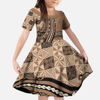 Personalized Tonga Ngatu Family Matching Summer Maxi Dress and Hawaiian Shirt Vintage Brown Manulua Motifs LT7 Daughter's Dress Brown - Polynesian Pride