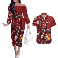 Personalized Tonga Ngatu Couples Matching Off The Shoulder Long Sleeve Dress and Hawaiian Shirt Iconic Red Manulua Motifs
