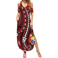 Personalized Tonga Ngatu Family Matching Summer Maxi Dress and Hawaiian Shirt Iconic Red Manulua Motifs LT7 Mom's Dress Red - Polynesian Pride