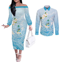Guam Fishhook Mix Guasali Flowers Couples Matching Off The Shoulder Long Sleeve Dress and Long Sleeve Button Shirt Dreaming Turquoise