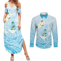 Guam Fishhook Mix Guasali Flowers Couples Matching Summer Maxi Dress and Long Sleeve Button Shirt Dreaming Turquoise