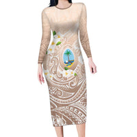 Guam Fishhook Mix Guasali Flowers Family Matching Long Sleeve Bodycon Dress and Hawaiian Shirt Dreaming Hazel LT7 Mom's Dress Beige - Polynesian Pride
