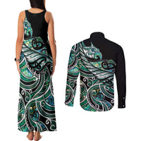 Maori Matariki - Manaia Couples Matching Tank Maxi Dress and Long Sleeve Button Shirt Emerald Paua Shell