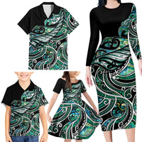 Maori Matariki - Manaia Family Matching Long Sleeve Bodycon Dress and Hawaiian Shirt Emerald Paua Shell LT7 - Polynesian Pride