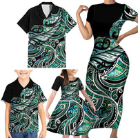 Maori Matariki - Manaia Family Matching Short Sleeve Bodycon Dress and Hawaiian Shirt Emerald Paua Shell
