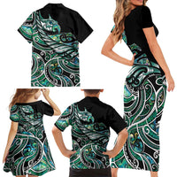Maori Matariki - Manaia Family Matching Short Sleeve Bodycon Dress and Hawaiian Shirt Emerald Paua Shell