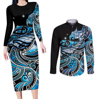 Maori Matariki - Manaia Couples Matching Long Sleeve Bodycon Dress and Long Sleeve Button Shirt Galaxy Blue Paua Shell