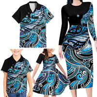 Maori Matariki - Manaia Family Matching Long Sleeve Bodycon Dress and Hawaiian Shirt Galaxy Blue Paua Shell LT7 - Polynesian Pride